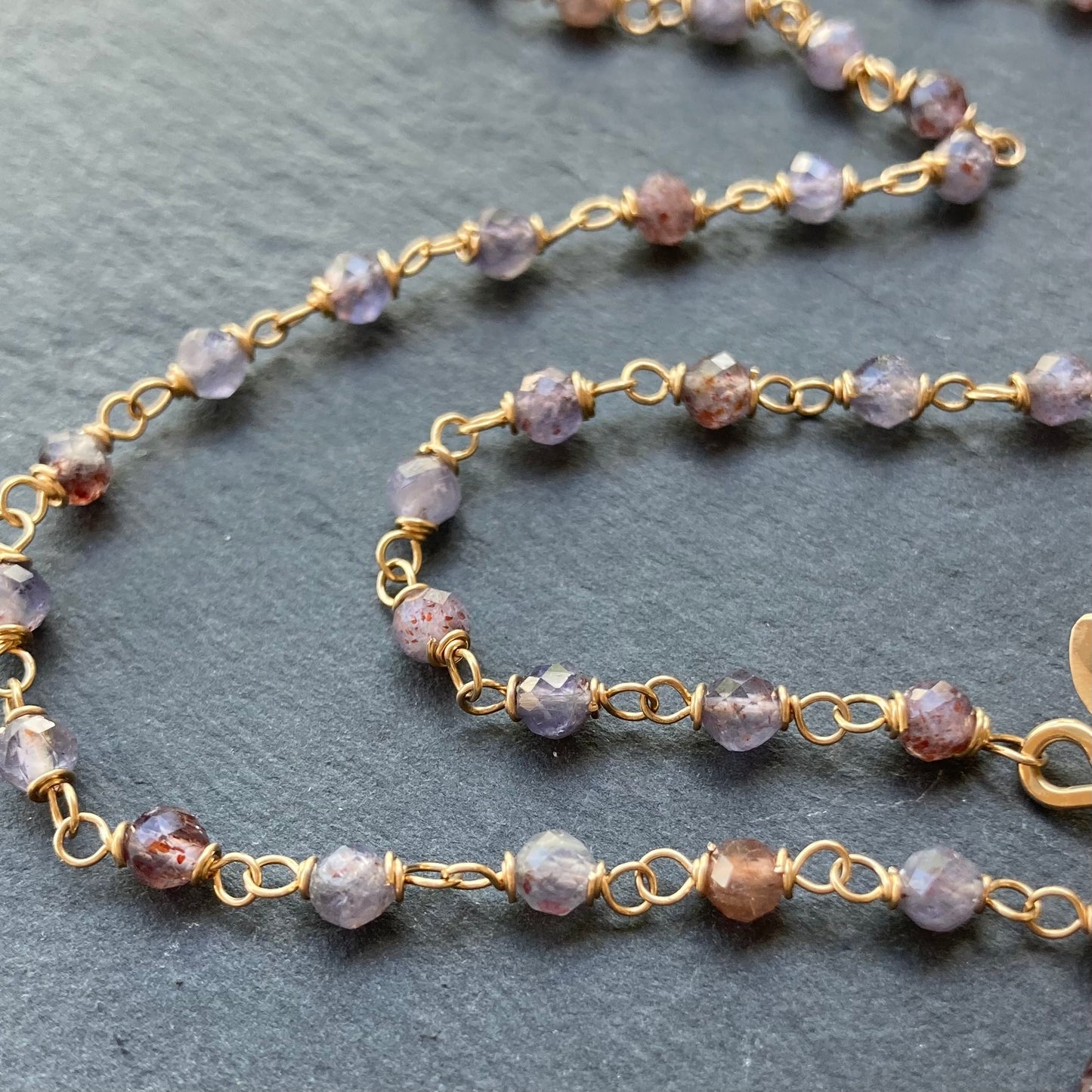 Iolite Sunstone, Gold & Bronze Scrub Jay Pendant Necklace