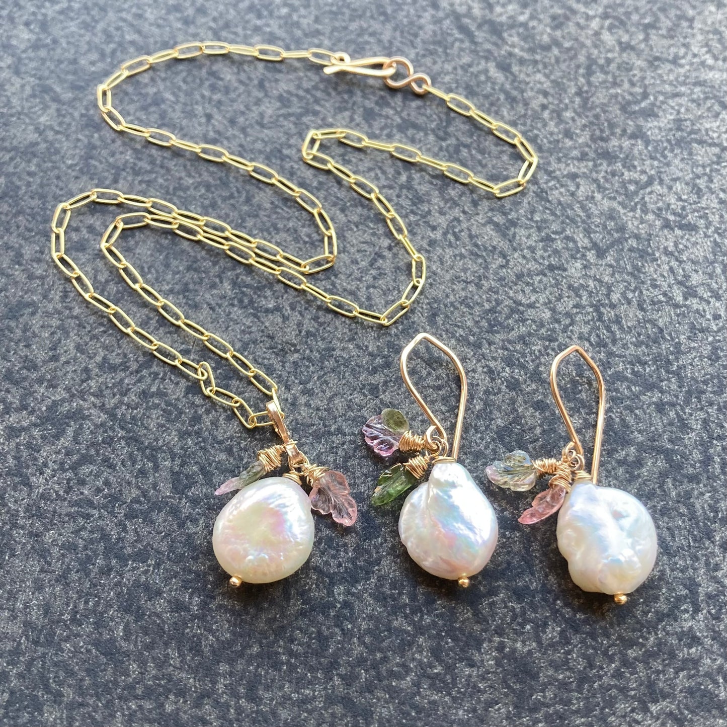 Freshwater Pearl, Watermelon Tourmaline & Gold Leaf Necklace