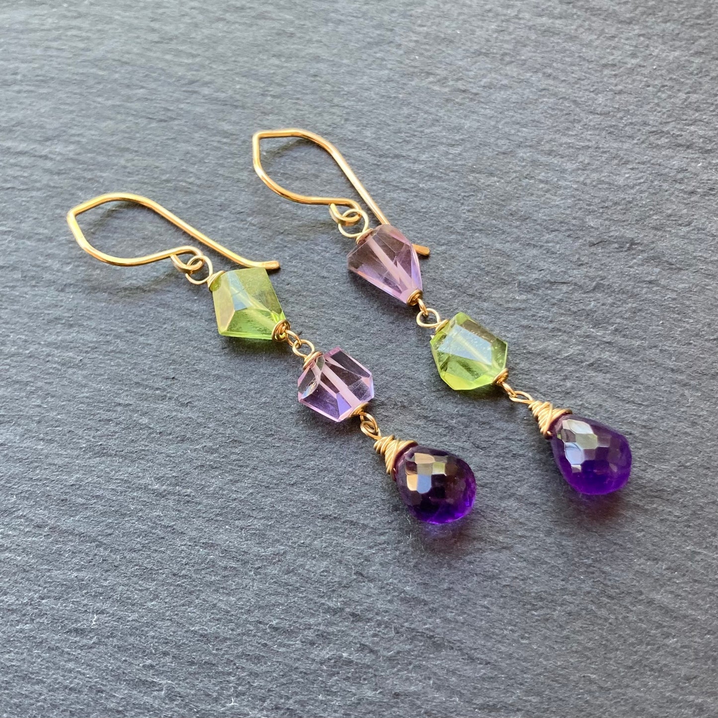 Amethyst, Peridot & Gold Long Drop Earrings