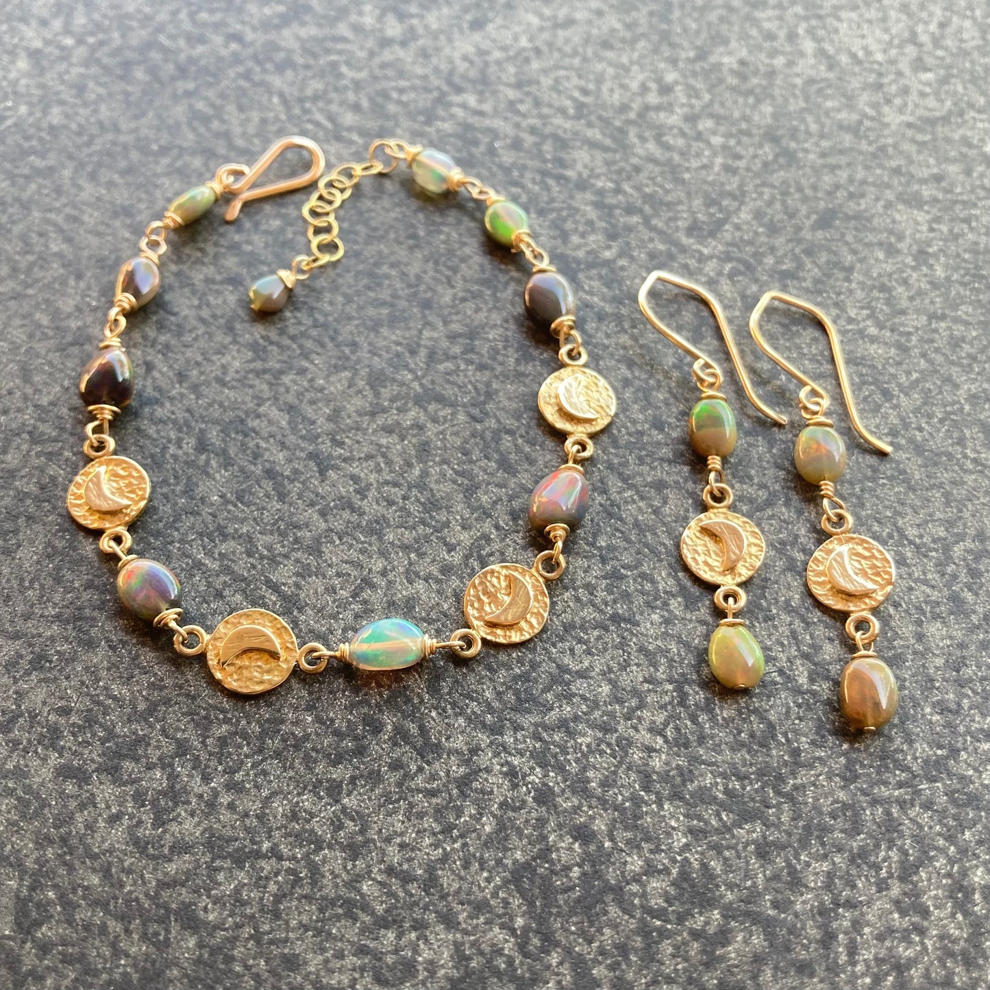 Ethiopian Black Opal, Gold & Bronze Moon Link Earrings