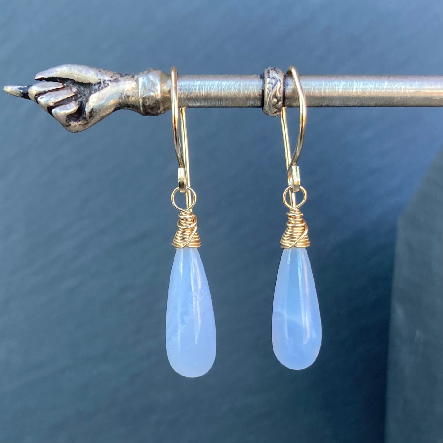 Blue Lace Agate & Gold Long Drop Earrings