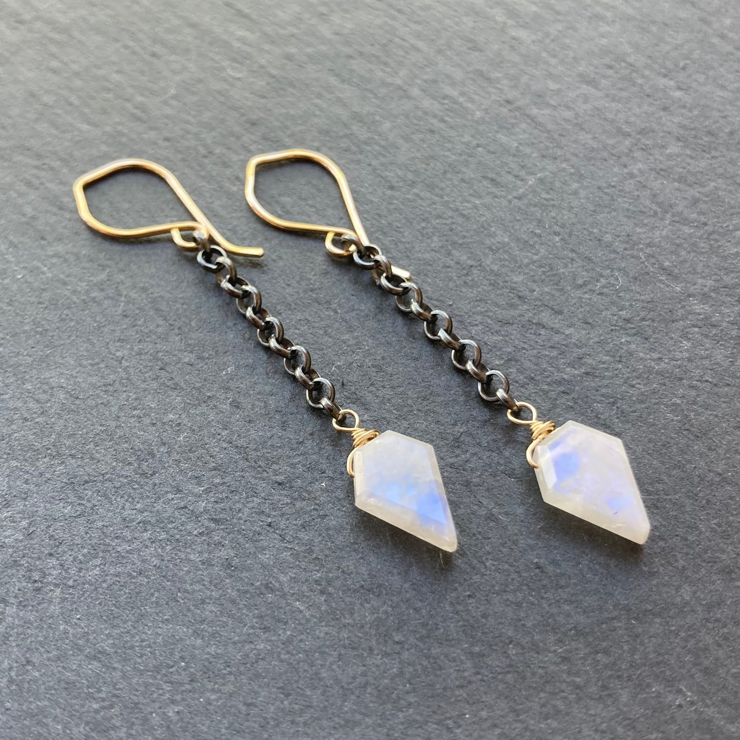 Rainbow Moonstone & Mixed Metal Arrowhead Earrings
