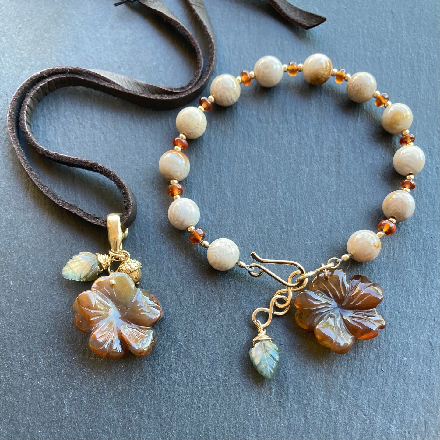 Carnelian & Bronze Autumn Bloom Deertan Leather Charm Choker