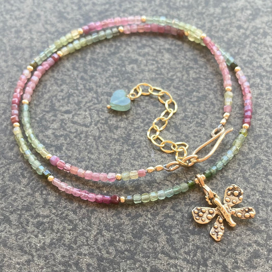 Multicolor Tourmaline, 14k Gold & Bronze Butterfly Necklace