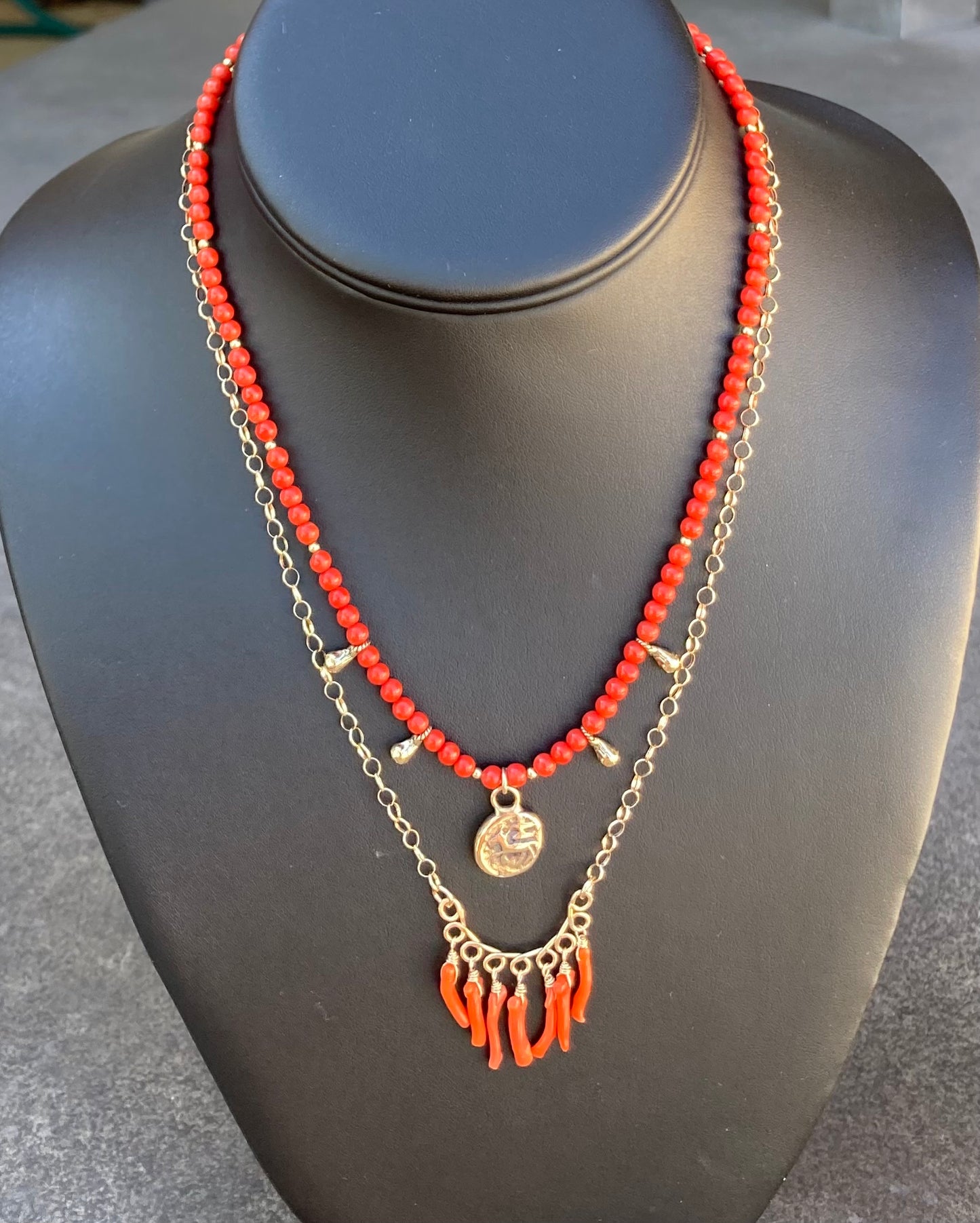 Natural Coral, Gold & Bronze Ancient Coin Charm Choker