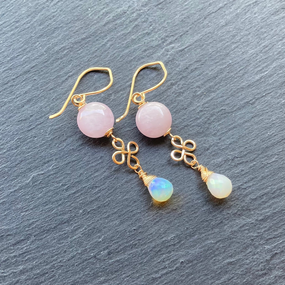 Kunzite, Ethiopian Opal & Gold Earrings