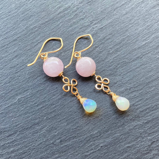 Kunzite, Ethiopian Opal & Gold Earrings