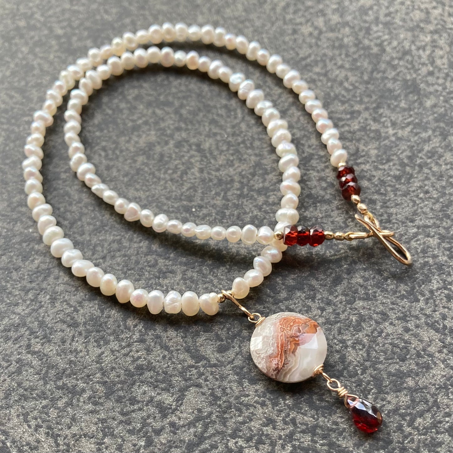 Crazy Lace Agate, Mozambique Garnet & Freshwater Pearl Necklace