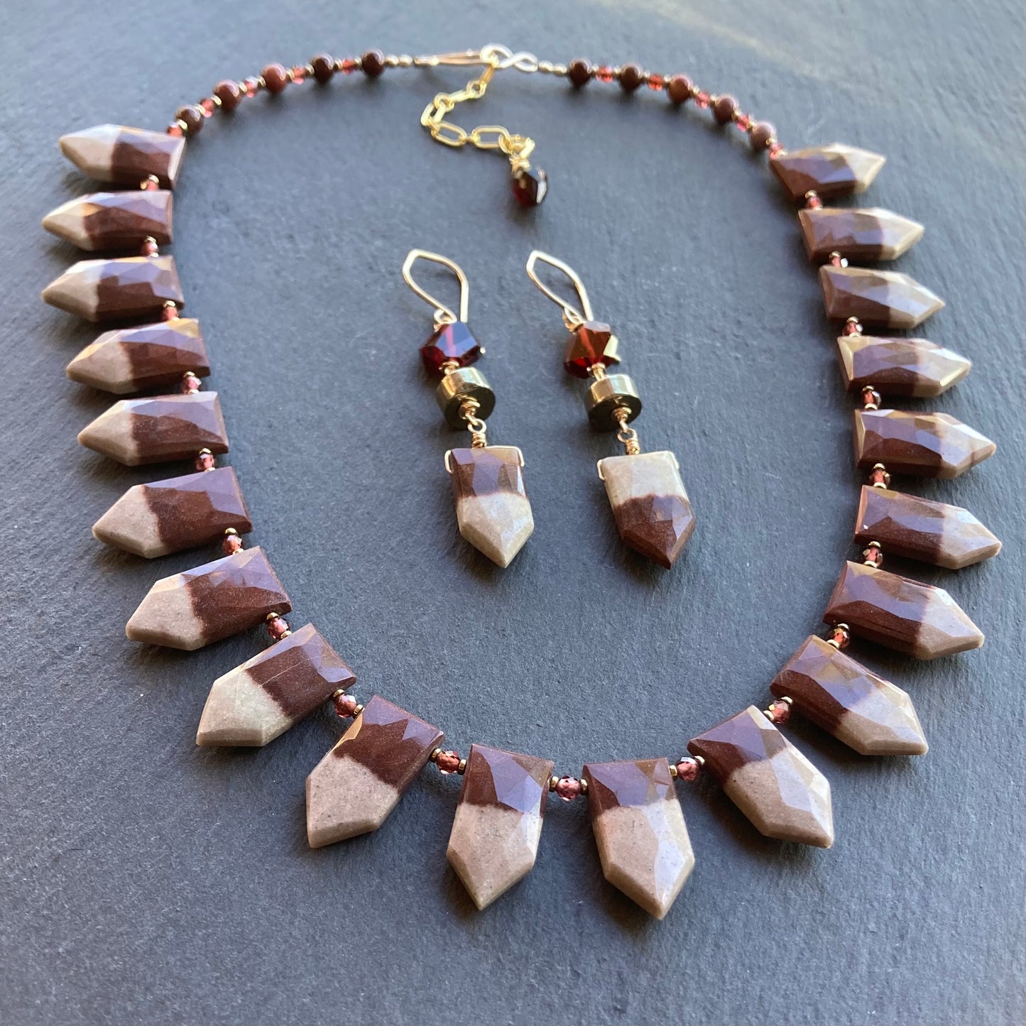 Mookaite, Mozambique Garnet, Pyrite & Gold Earrings