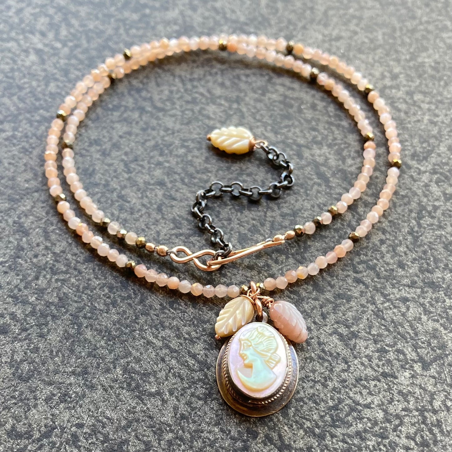 Peach Moonstone & Vintage Mother of Pearl Cameo Pendant Necklace