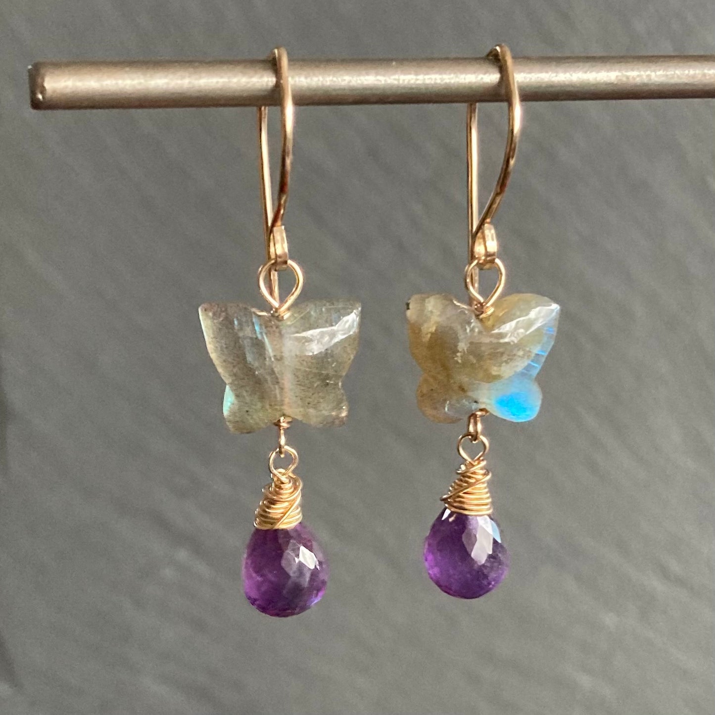 Labradorite, Amethyst & Gold Butterfly Earrings
