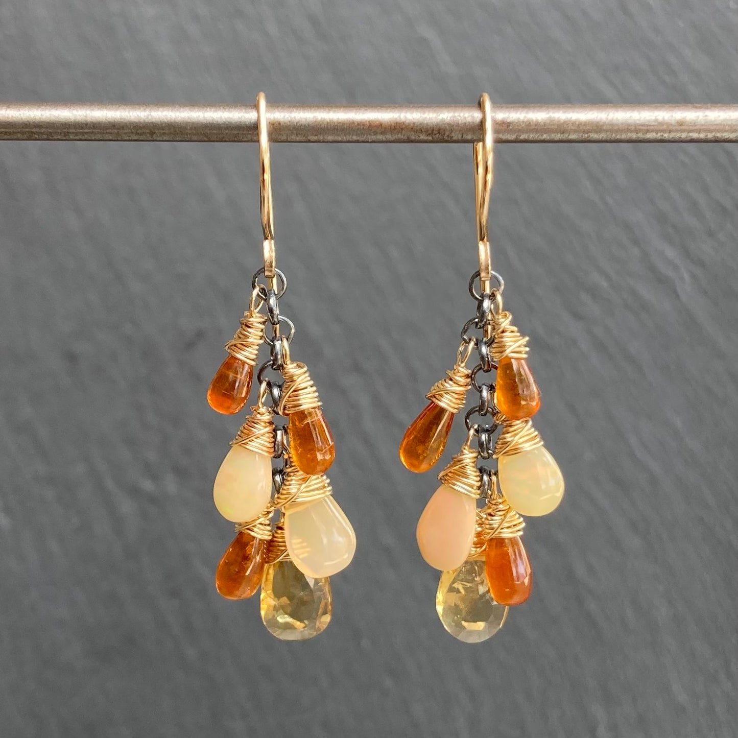 Orange Kyanite, Ethiopian Opal, Citrine & Mixed Metal Cascade Earrings