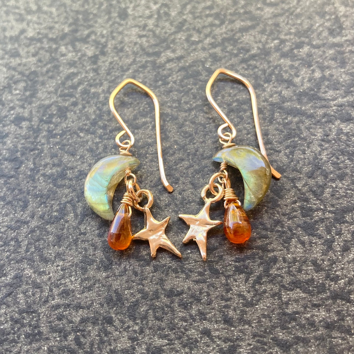 Labradorite, Orange Kyanite & Mixed Metal Moon Drops Earrings