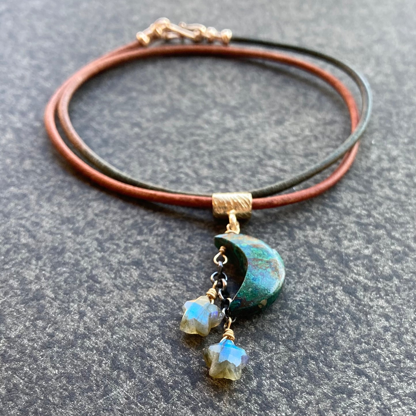 Chrysocolla, Labradorite & Mixed Metal Falling Stars Leather Choker