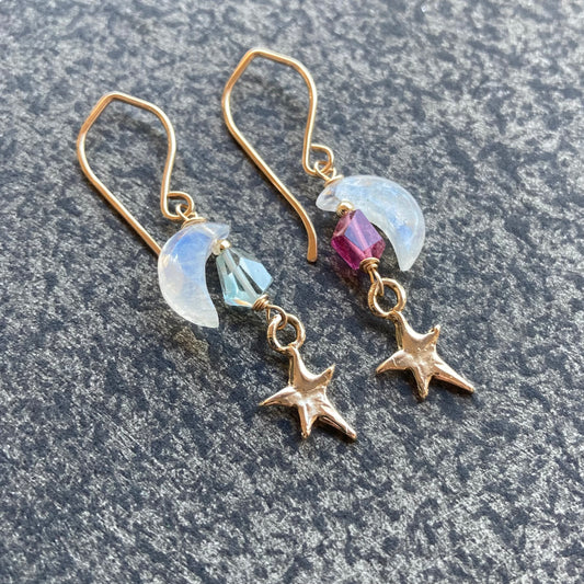 Rainbow Moonstone, Tourmaline, Gold & Bronze Falling Star Earrings