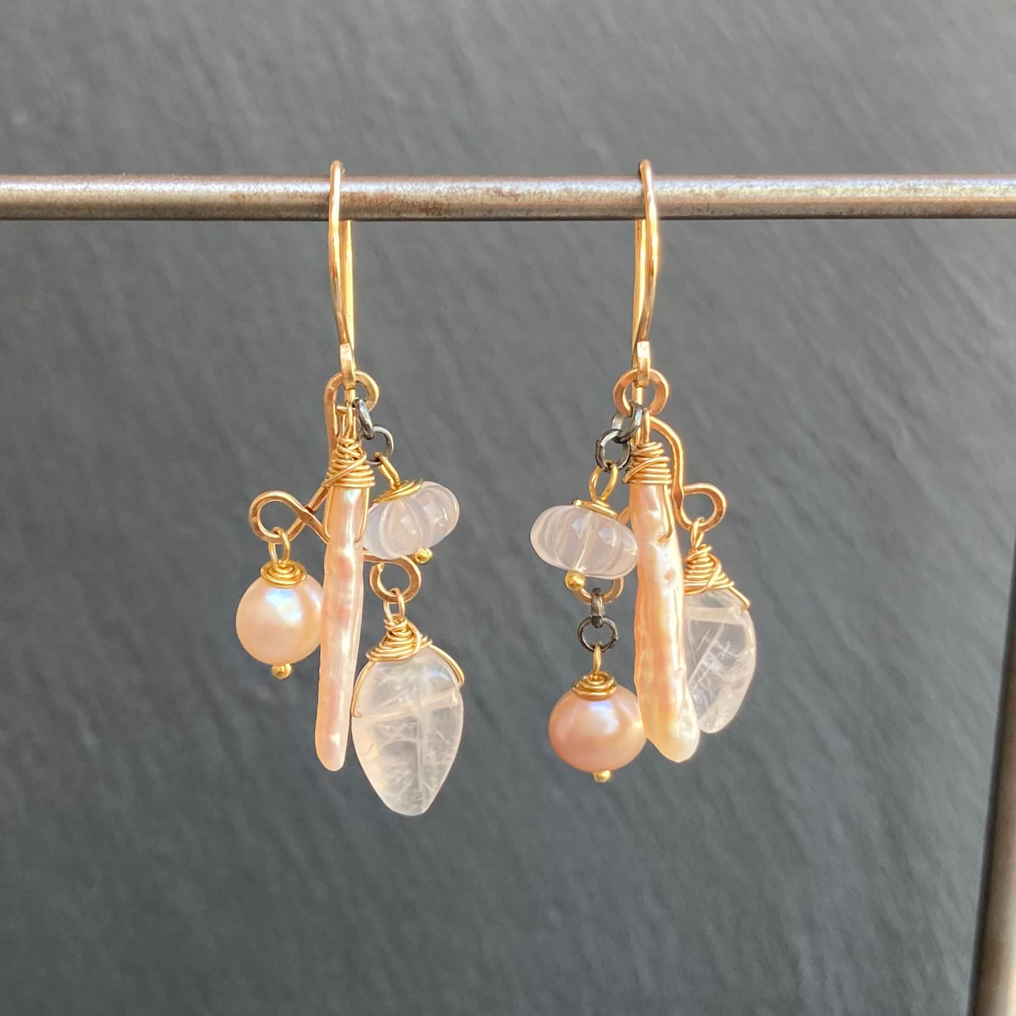 Rose Quartz, Pink Freshwater Pearl & Mixed Metal Earrings