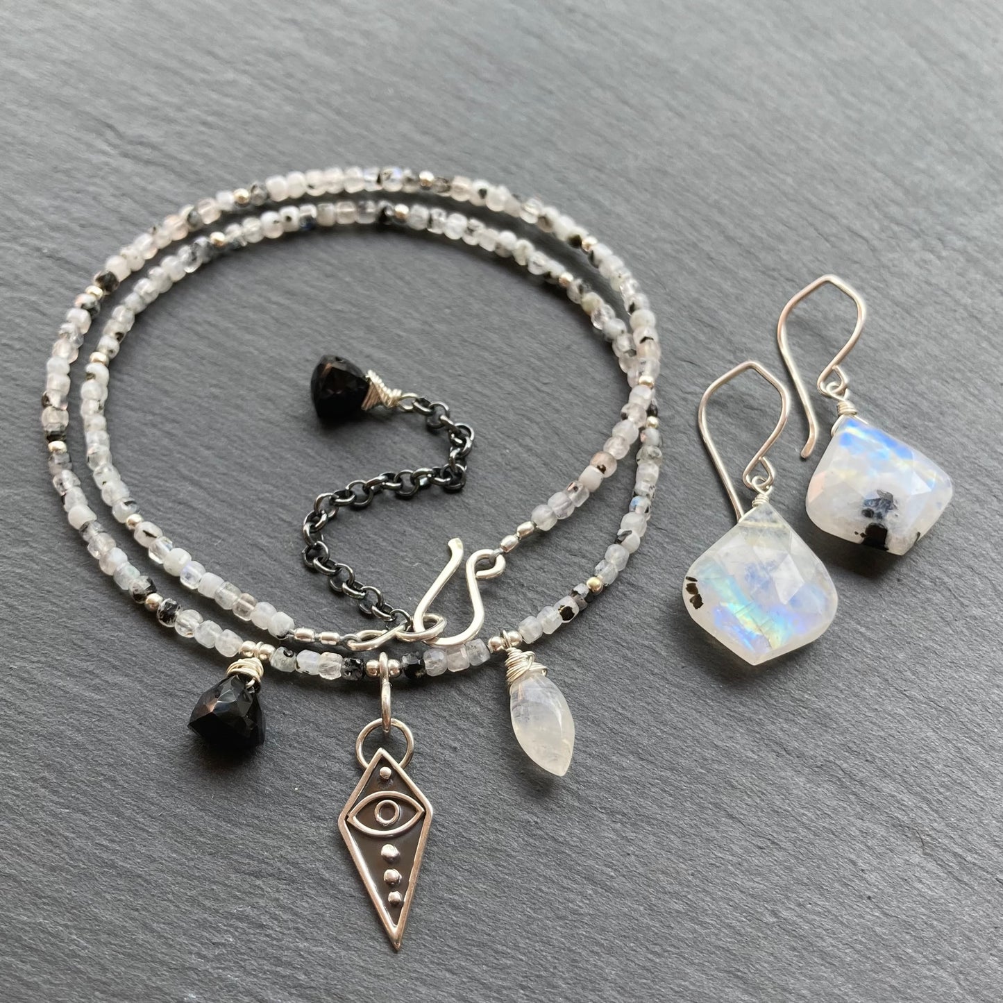Tourmalinated Rainbow Moonstone & Sterling Silver All Seeing Eye Pendant Choker