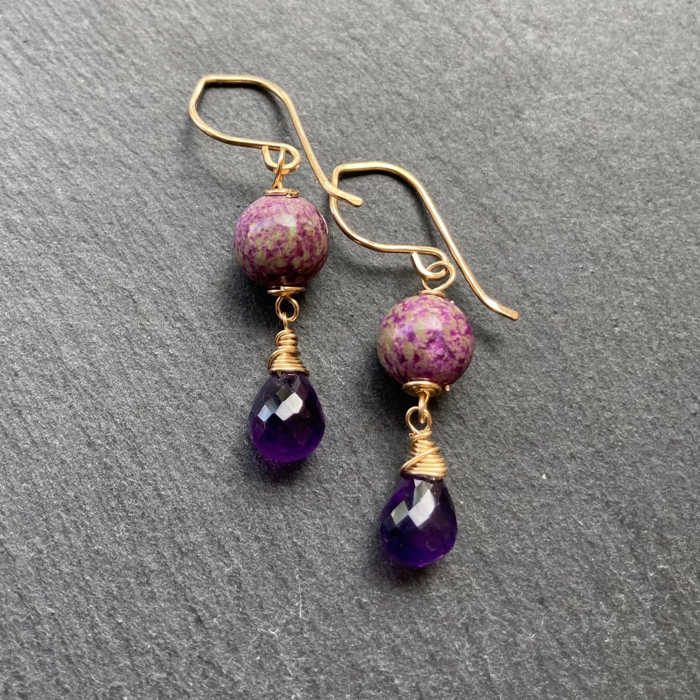 Atlantisite Stichtite, Amethyst & Gold Earrings