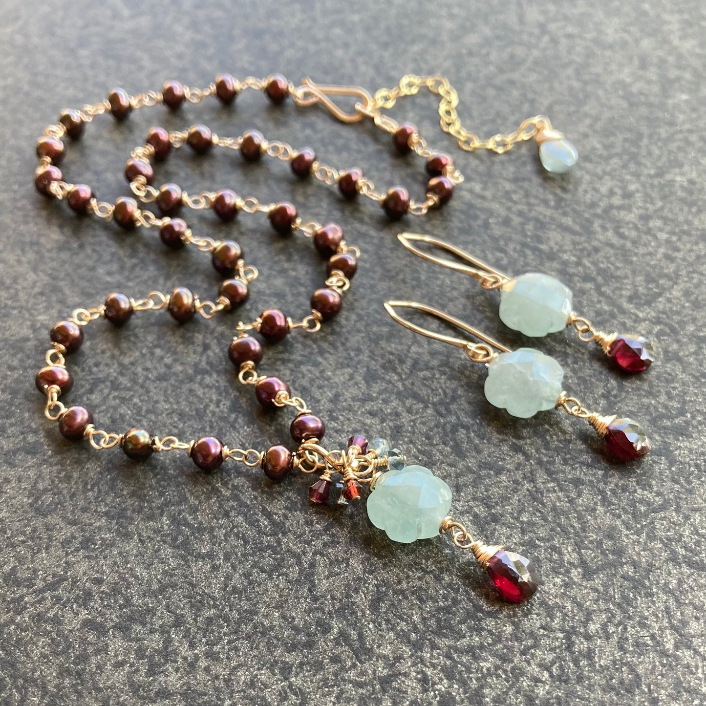 Aquamarine, Cranberry Freshwater Pearl, Rhodolite Garnet & Gold Flower Drop Pendant Necklace