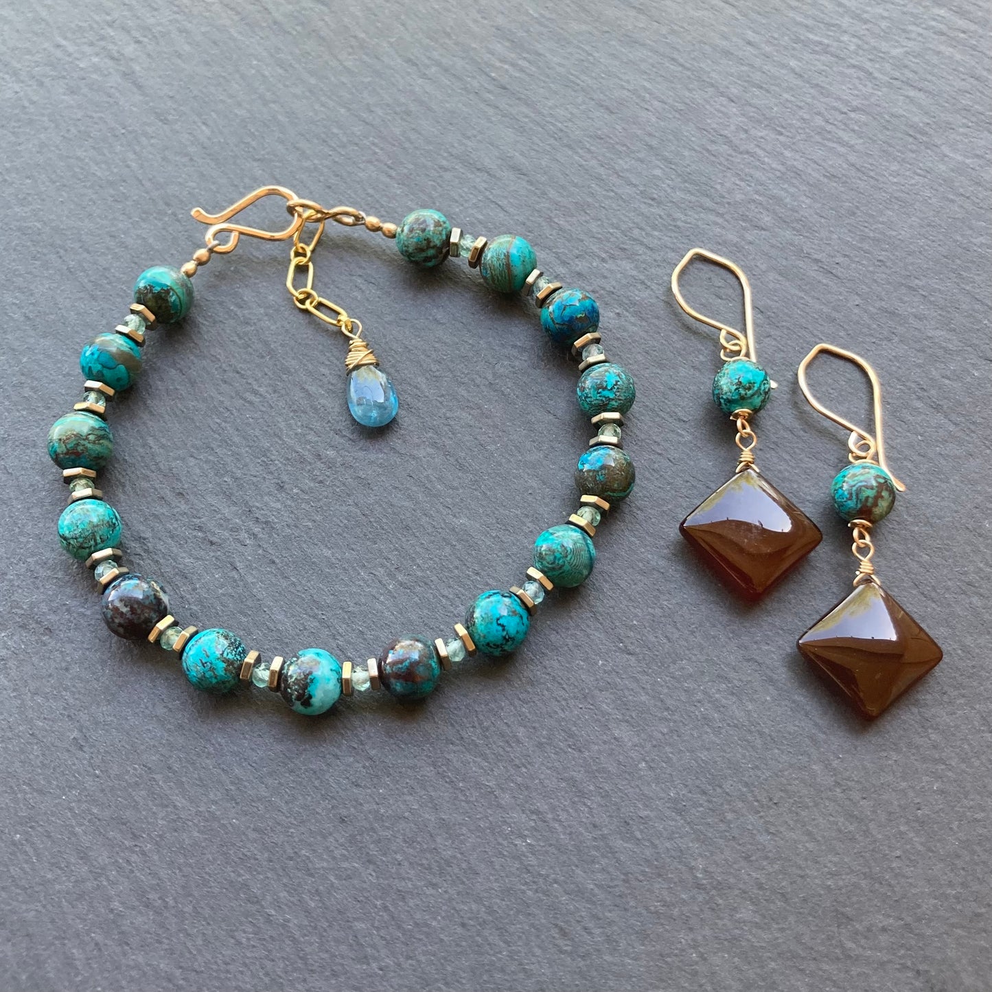 Chalcedony, Shattuckite & Gold Earrings