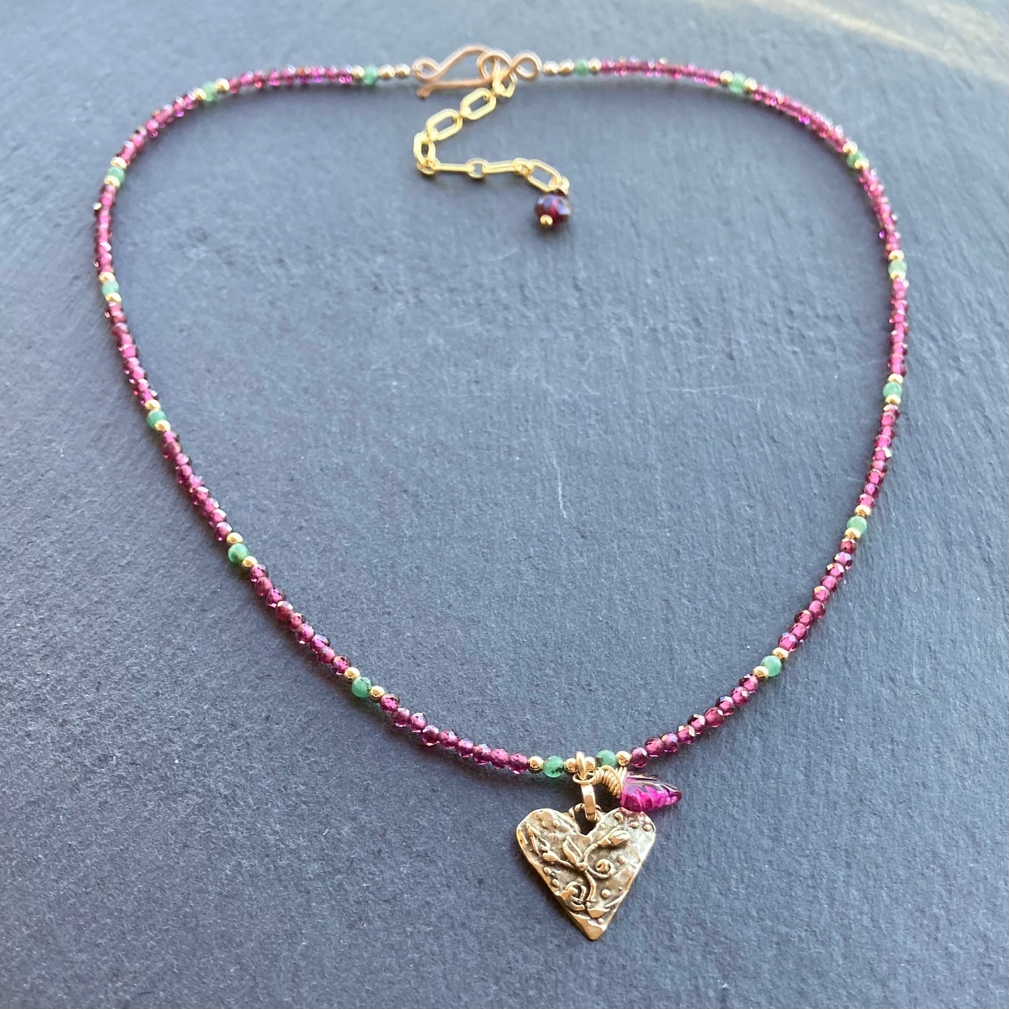 Rhodolite Garnet, Emerald, Gold & Bronze Heart Pendant Choker