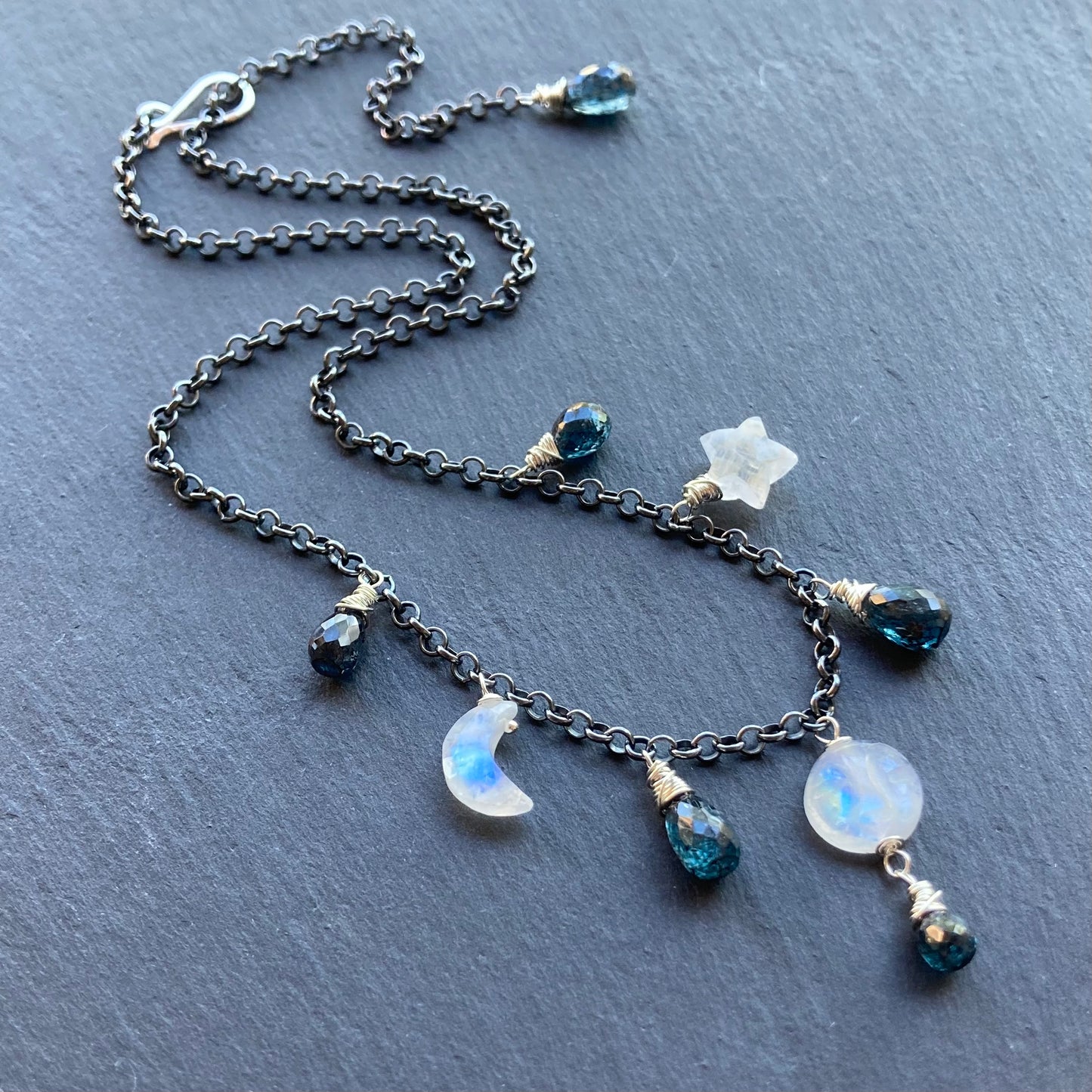 Rainbow Moonstone, Moss Kyanite & Sterling Silver Winter Solstice Charm Choker