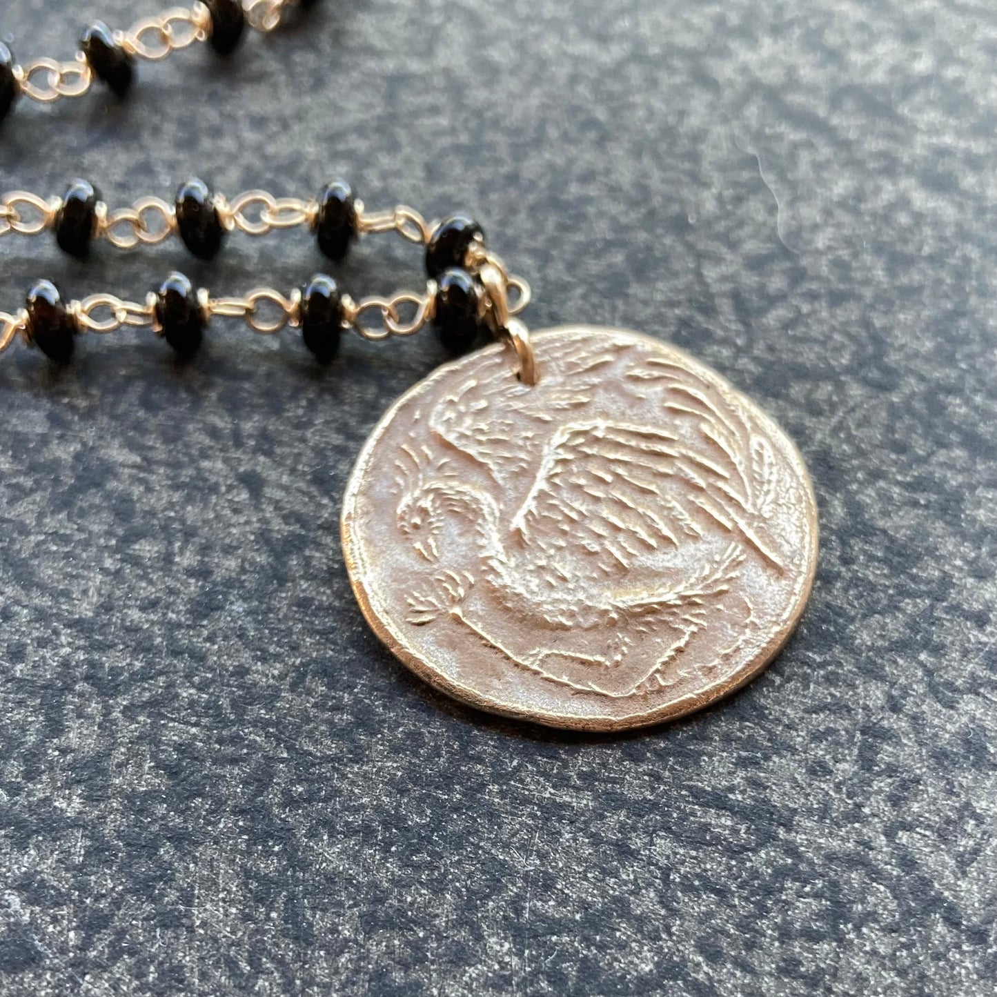 Black Onyx, Gold & Bronze Phoenix Rising Coin Necklace