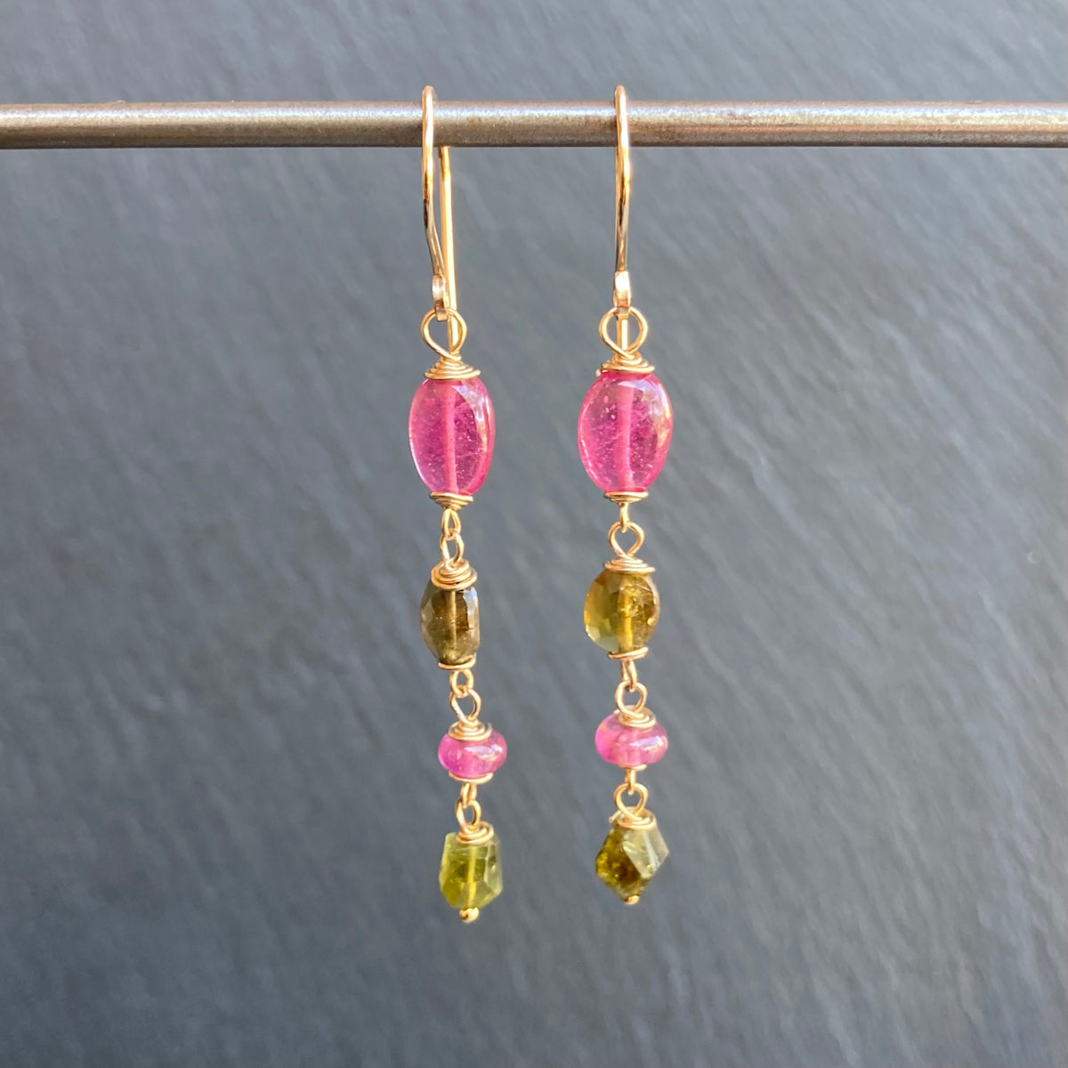 Pink Sapphire, Petro Tourmaline & Gold Earrings