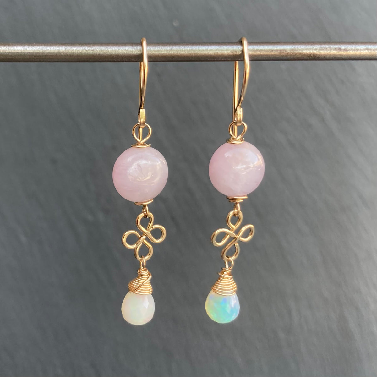 Kunzite, Ethiopian Opal & Gold Earrings