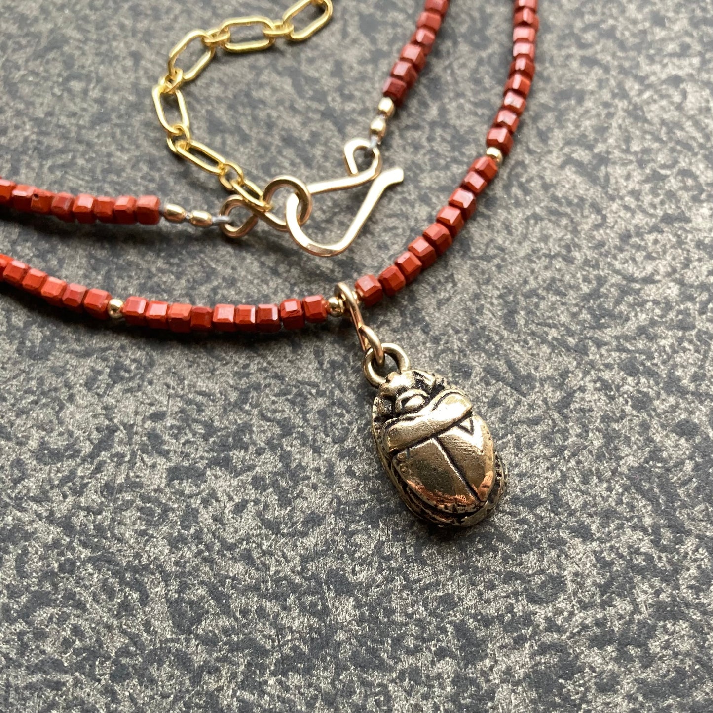 Red Jasper, Gold & Bronze Scarab Pendant Choker