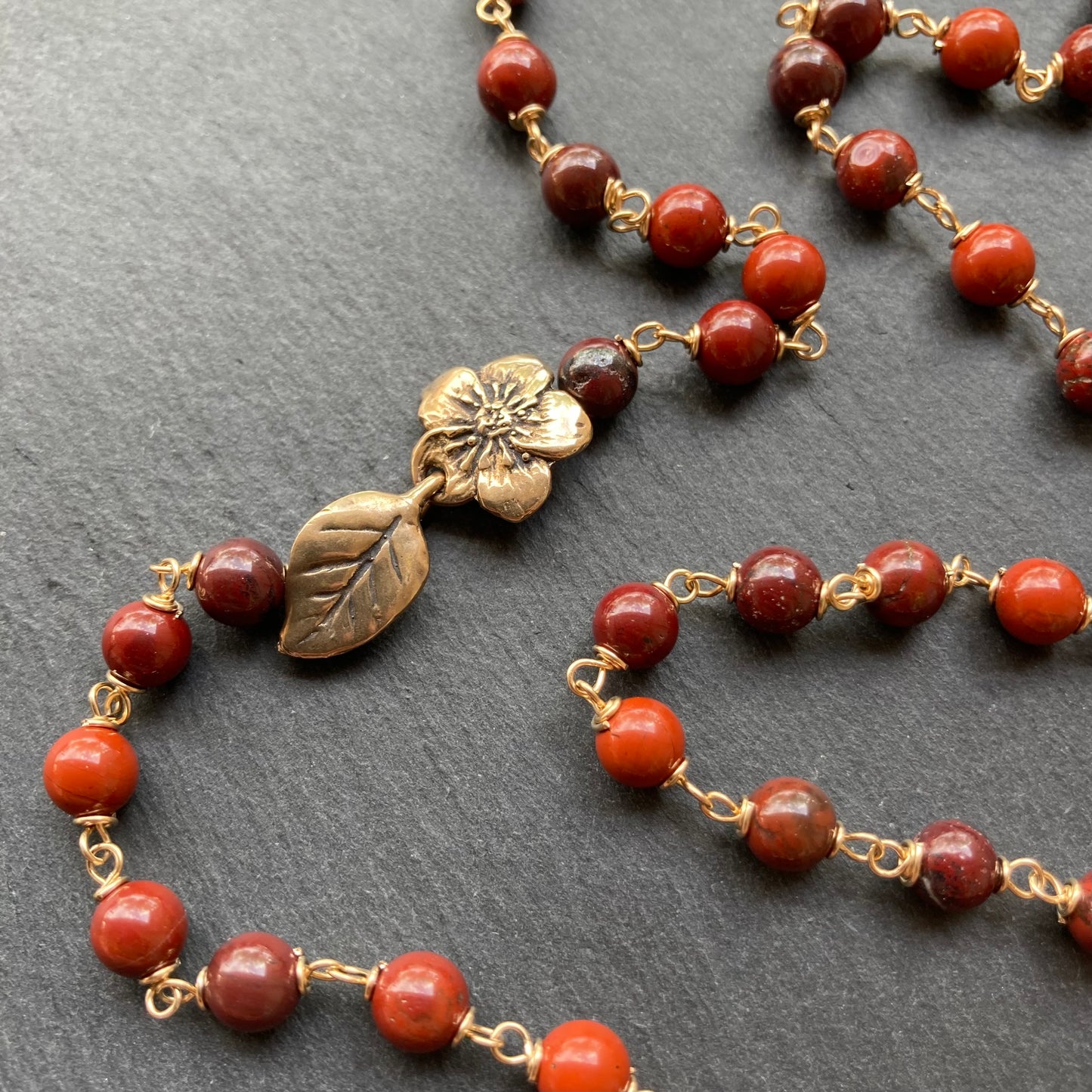 Red Jasper, Gold & Bronze Floral Clasp Necklace