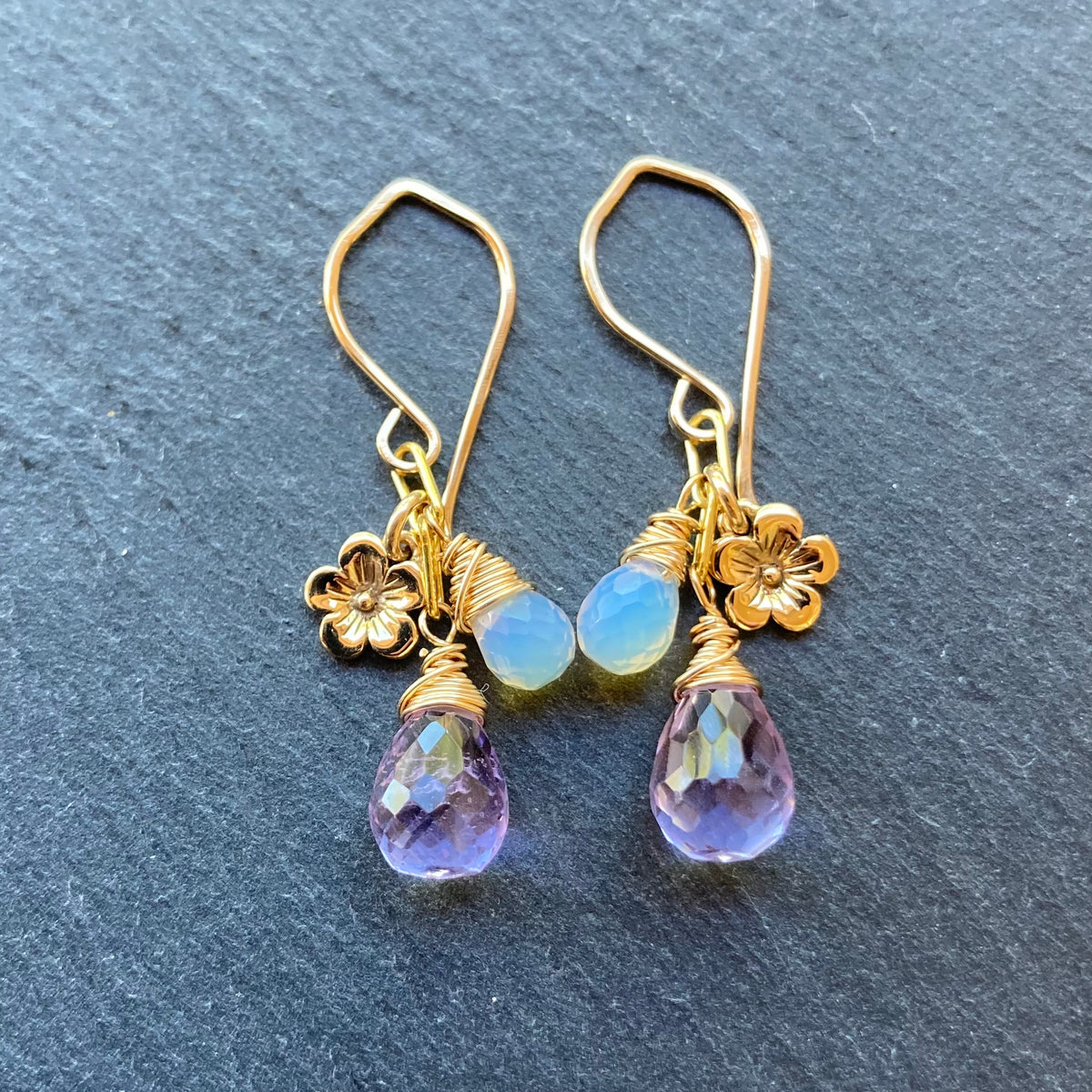 Pink Amethyst, Ethiopian Opal & Gold Cherry Blossom Earrings