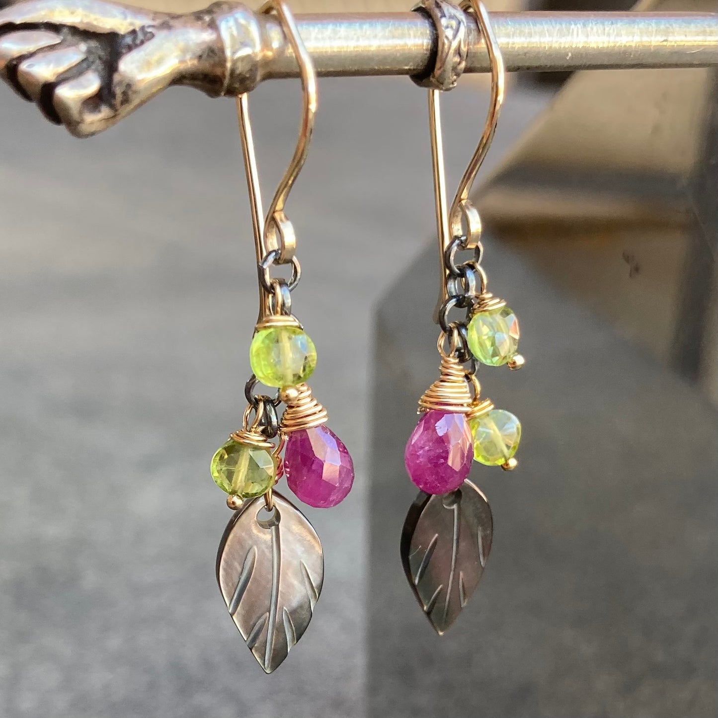 Black Mother of Pearl, Peridot, Ruby & Mixed Metal Cascade Earrings