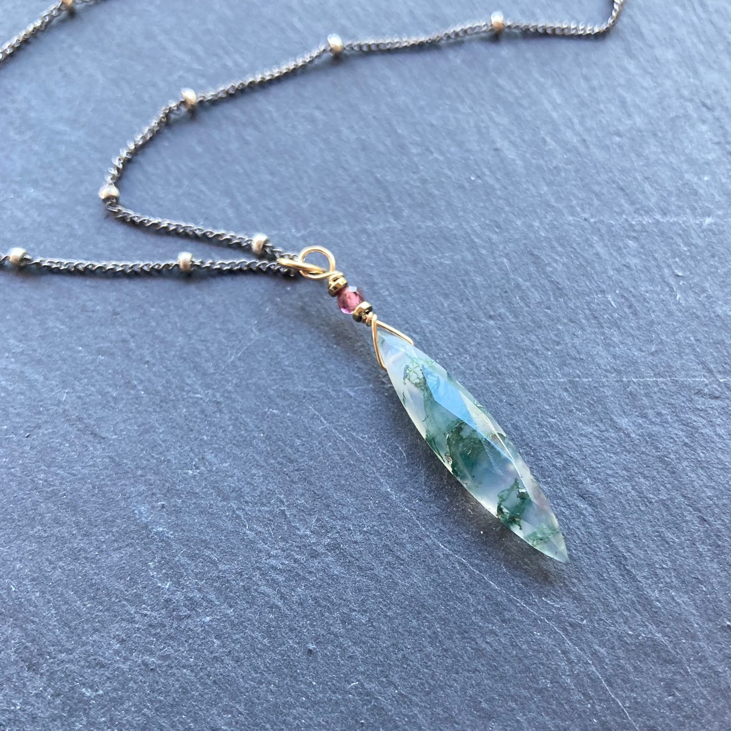 Moss Agate & Mixed Metal Marquis Pendant Necklace