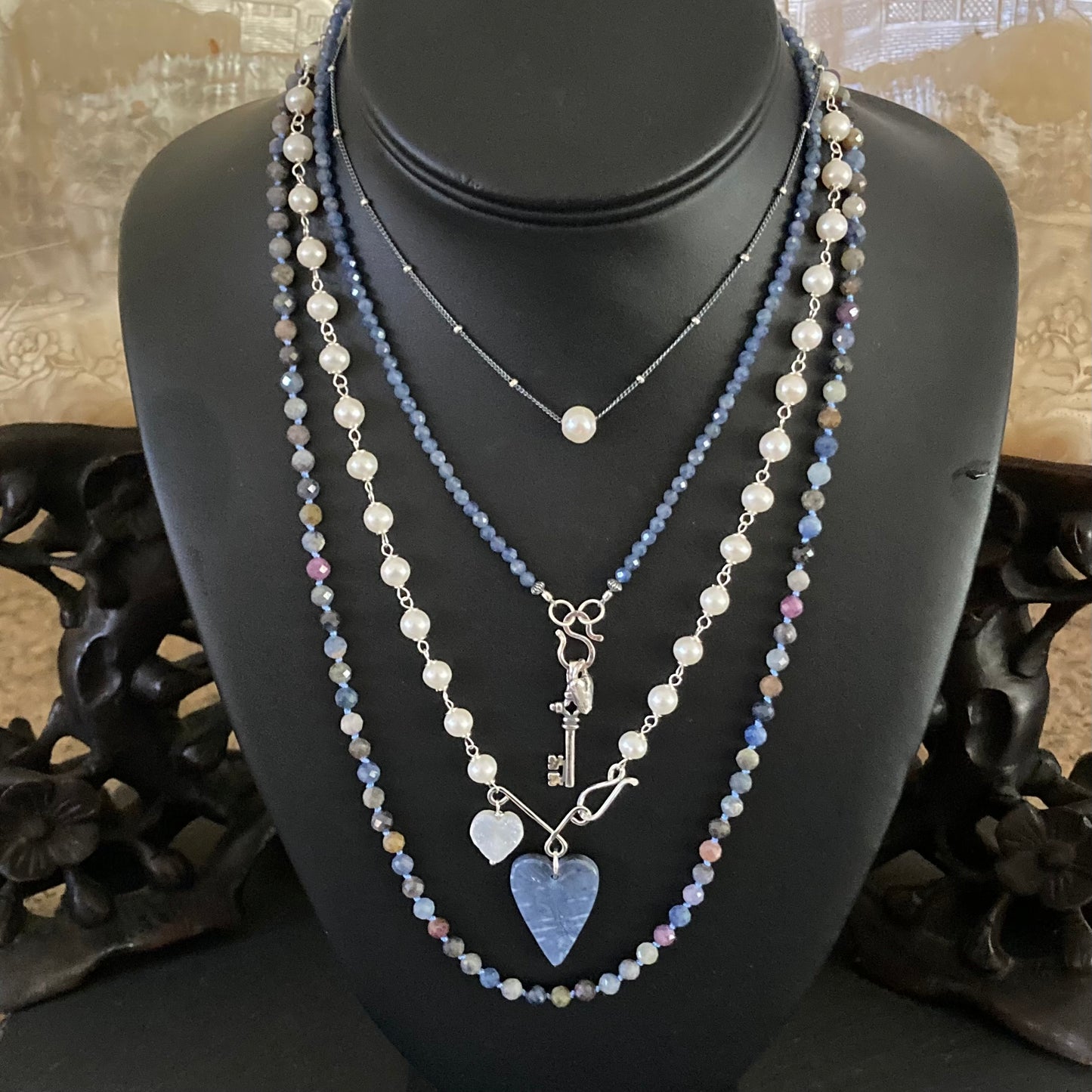 Freshwater Pearl, Sterling Silver & Blue Coral Heart Pendant Necklace