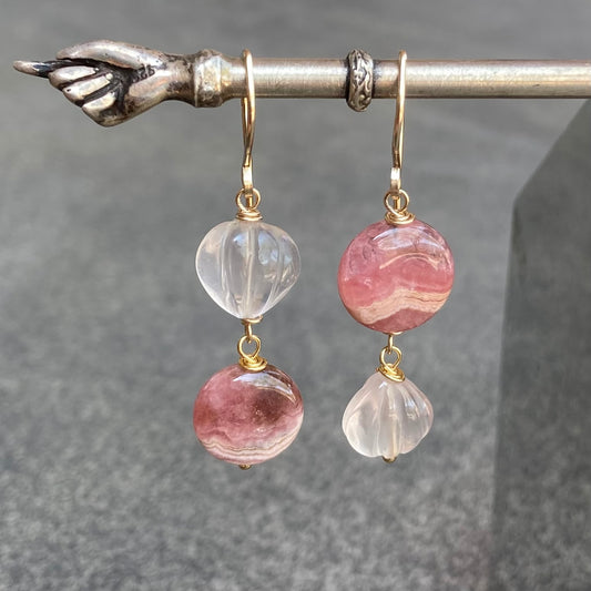 Rhodochrosite, Rose Quartz & Gold Sunrise Earrings 2.0