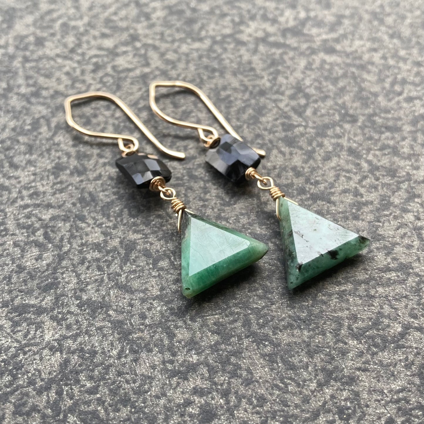 Natural Emerald, Black Spinel & Gold Earrings