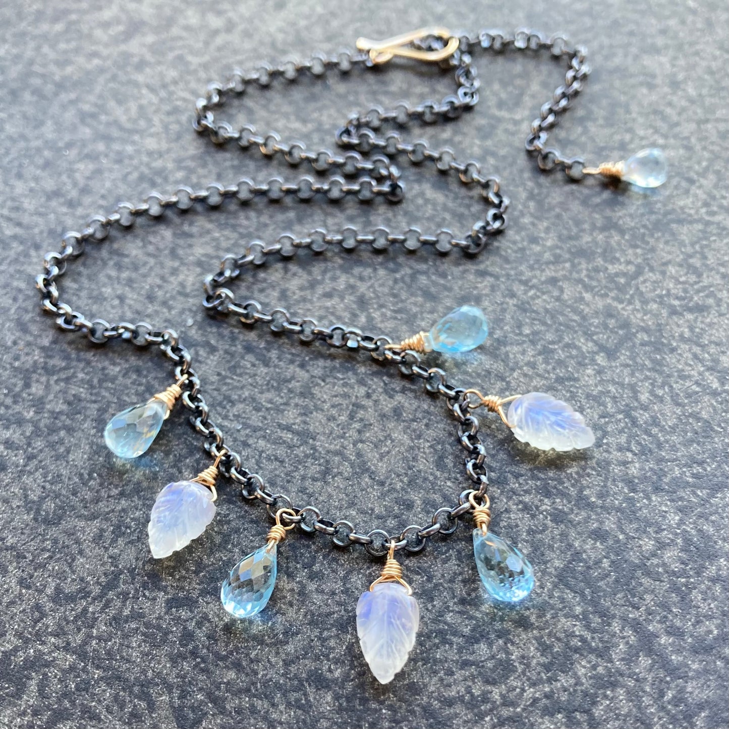 Blue Topaz, Rainbow Moonstone & Mixed Metal Leaf Charm Choker