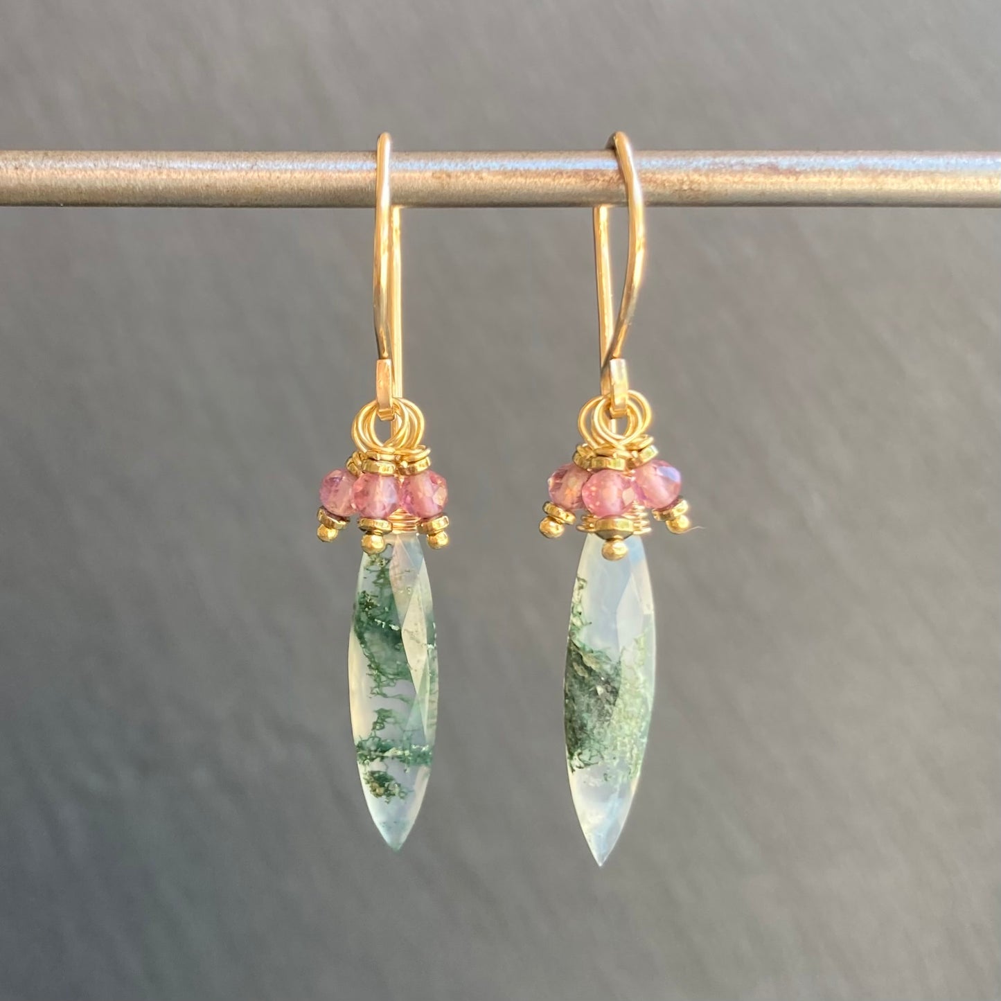 Moss Agate, Pink Tourmaline & Gold Marquis Earrings