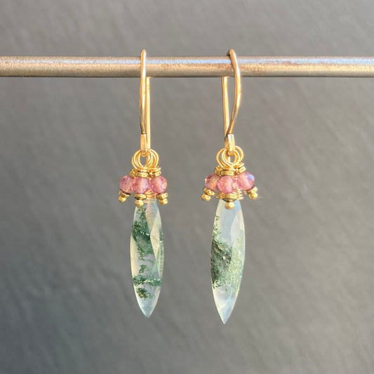 Moss Agate, Pink Tourmaline & Gold Marquis Earrings