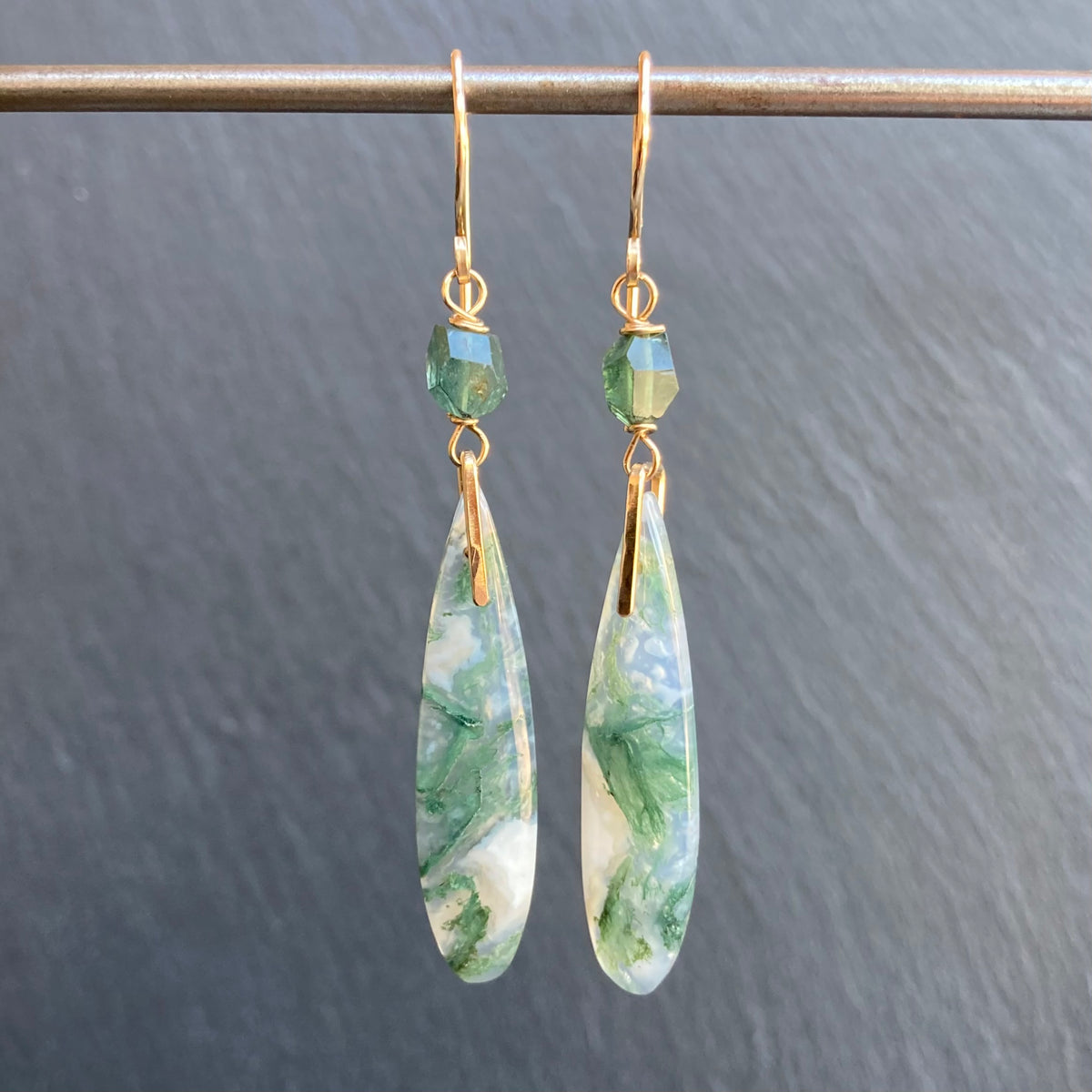 Moss Agate, Paraiba Blue Tourmaline & Gold Long Drop Earrings