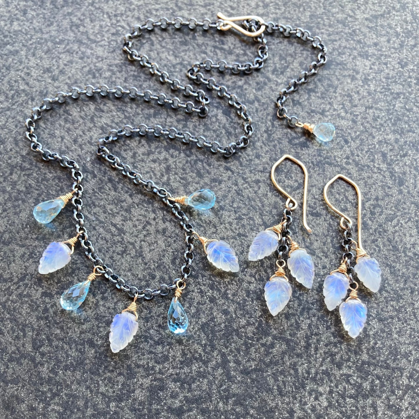 Blue Topaz, Rainbow Moonstone & Mixed Metal Leaf Charm Choker