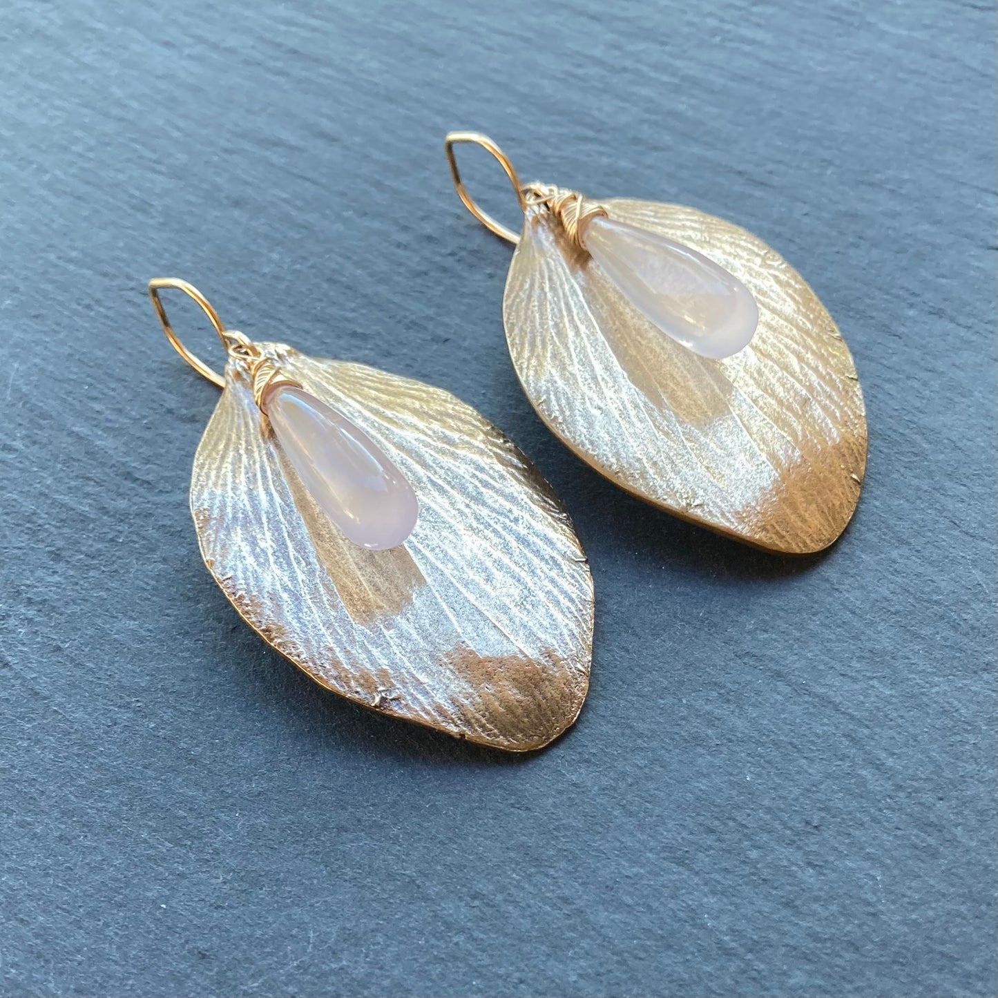 Rose Quartz, Gold & Bronze Rose Petal Earrings