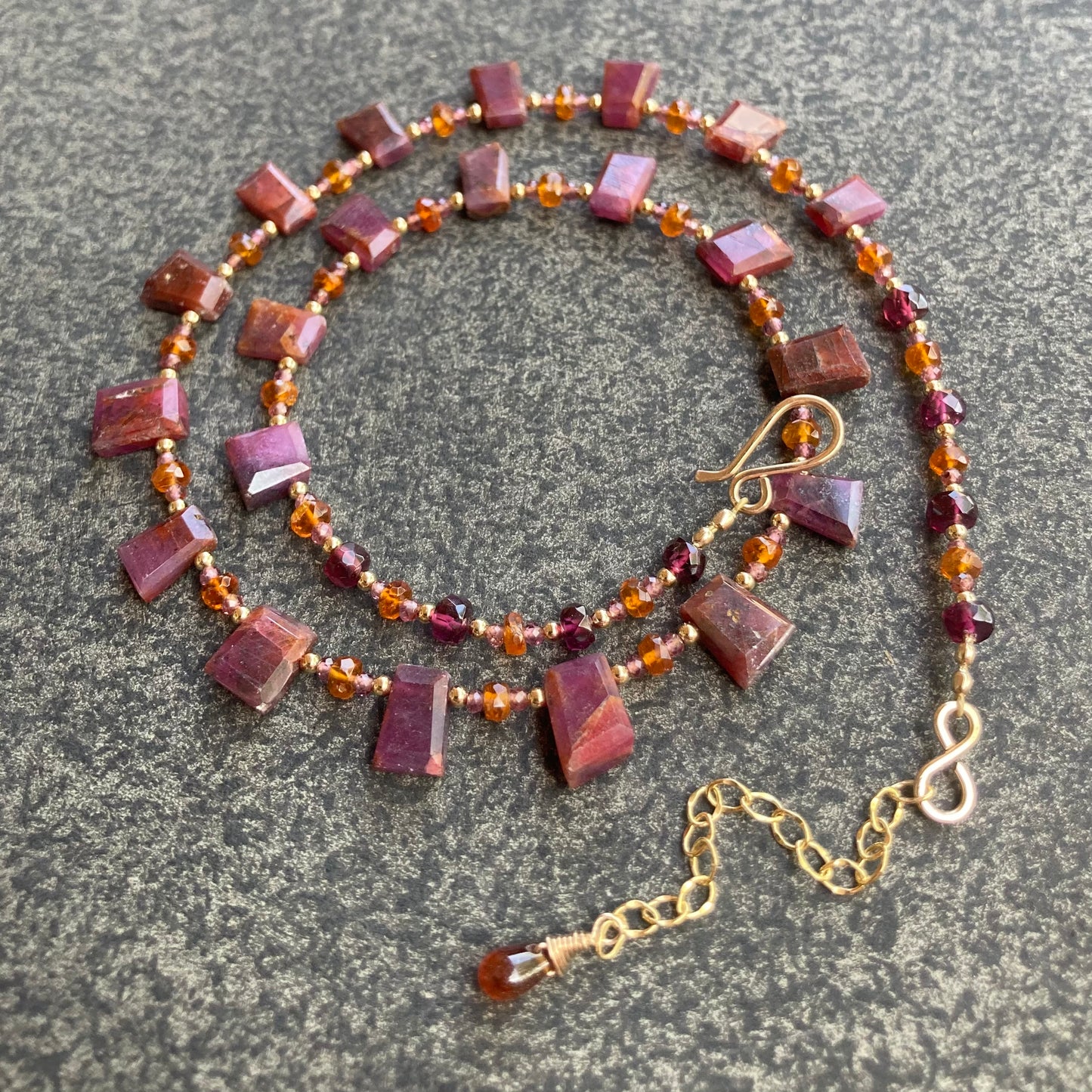 Natural African Ruby, Orange Kyanite, Rhodolite & Gold Choker