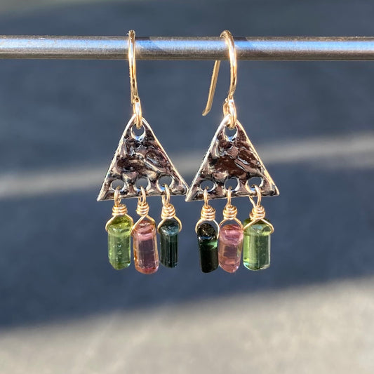 Watermelon Tourmaline & Mixed Metal Triangle Fringe Earrings