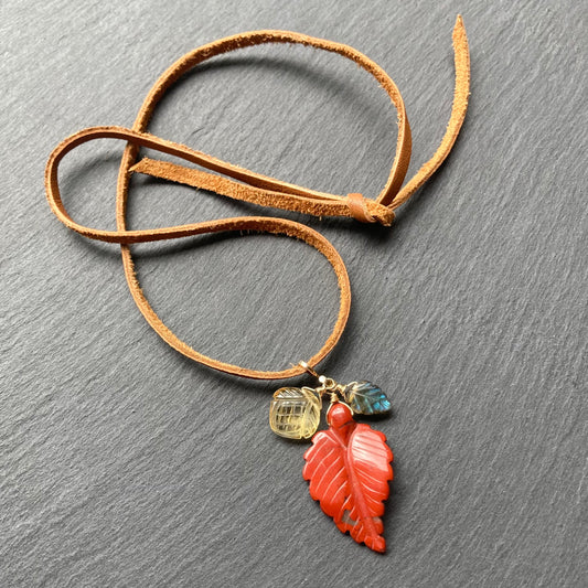 Red Jasper Autumn Leaf Deertan Leather Choker