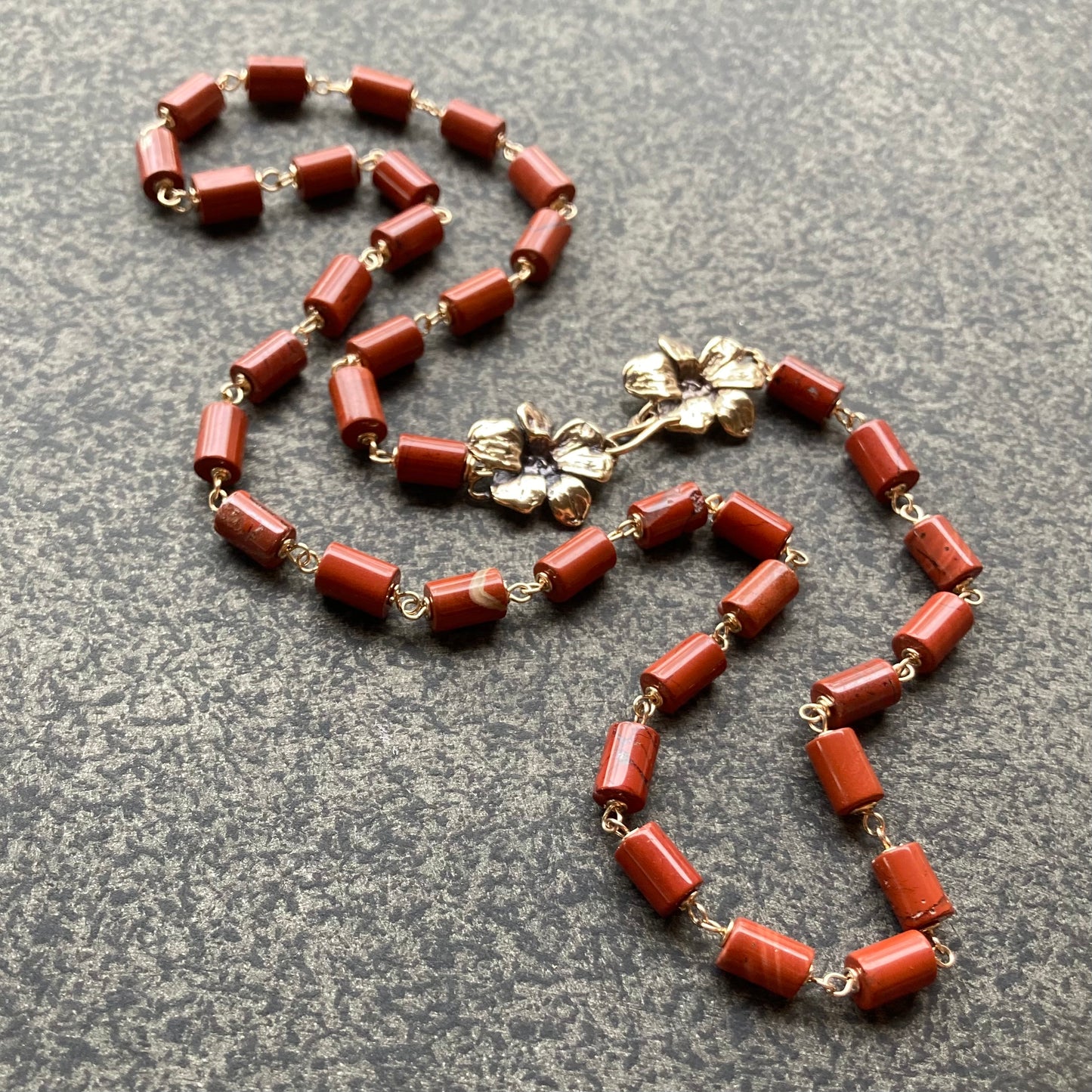Red Jasper, Gold & Bronze Floral Clasp Necklace