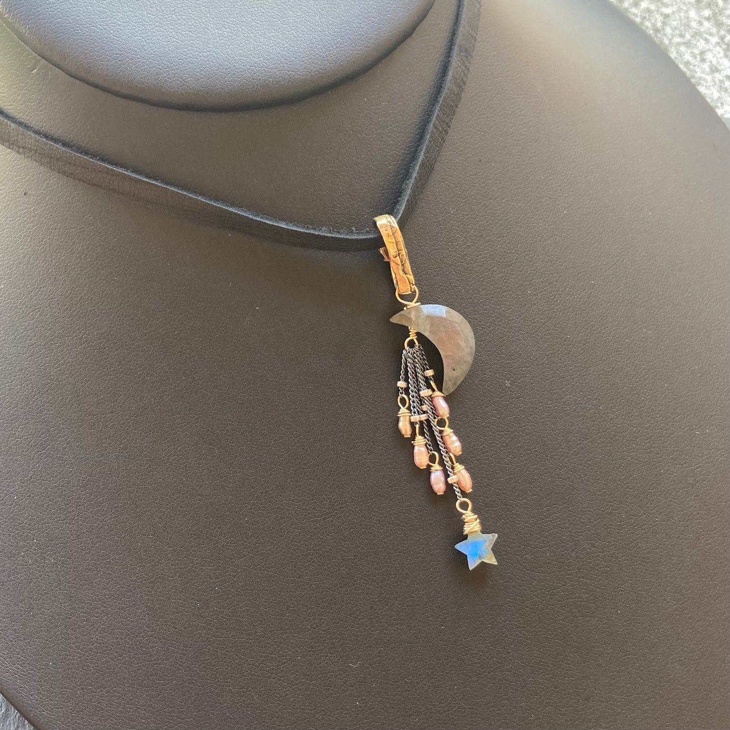 Labradorite, Mauve Pearl & Mixed Metal Falling Star Deerskin Leather Choker