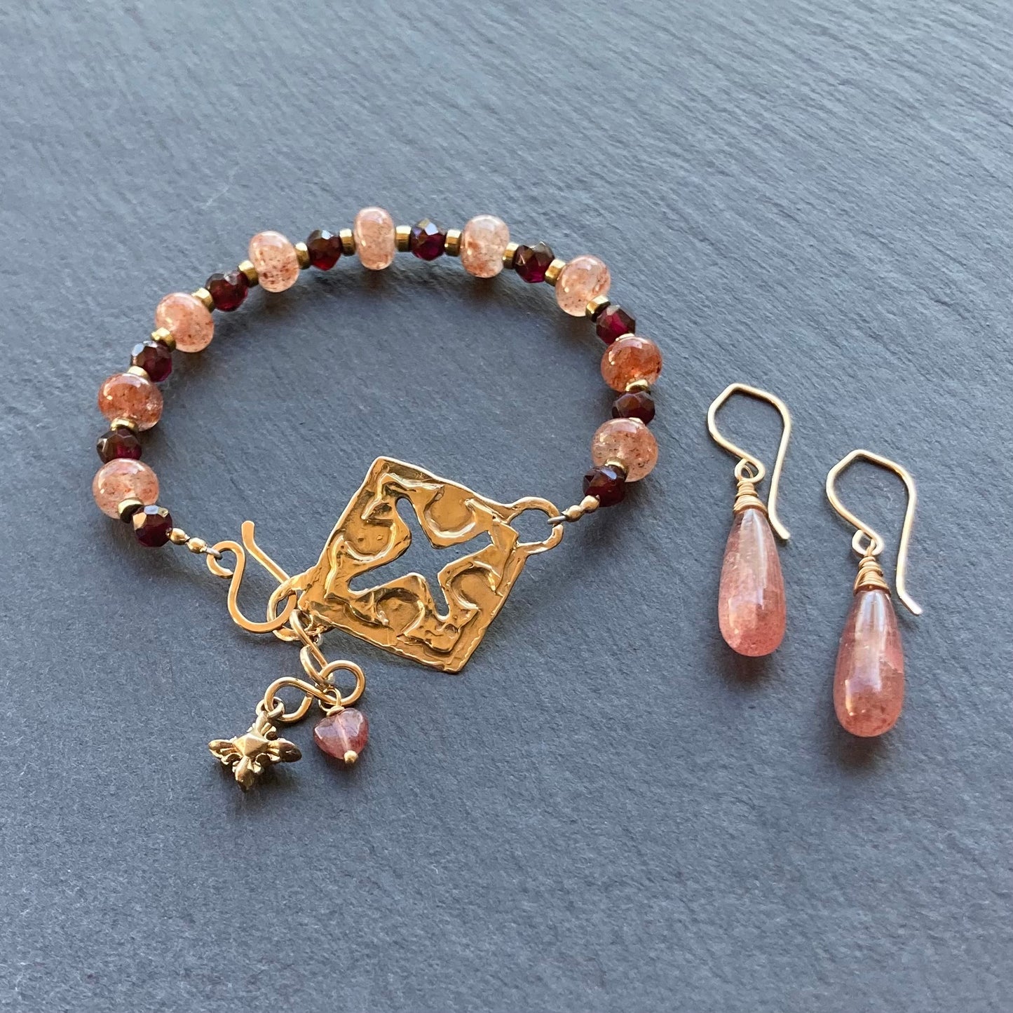 Strawberry Quartz & Bronze Santa Fe Cross Bracelet