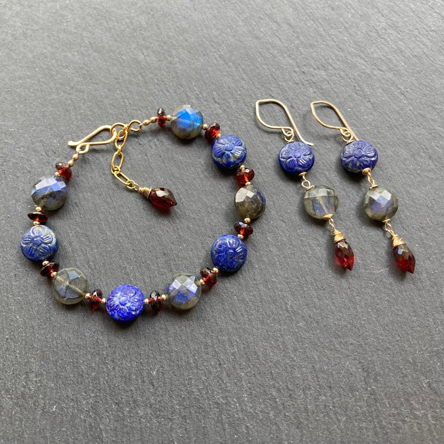 Lapis, Labradorite, Mozambique Garnet & Gold Earrings